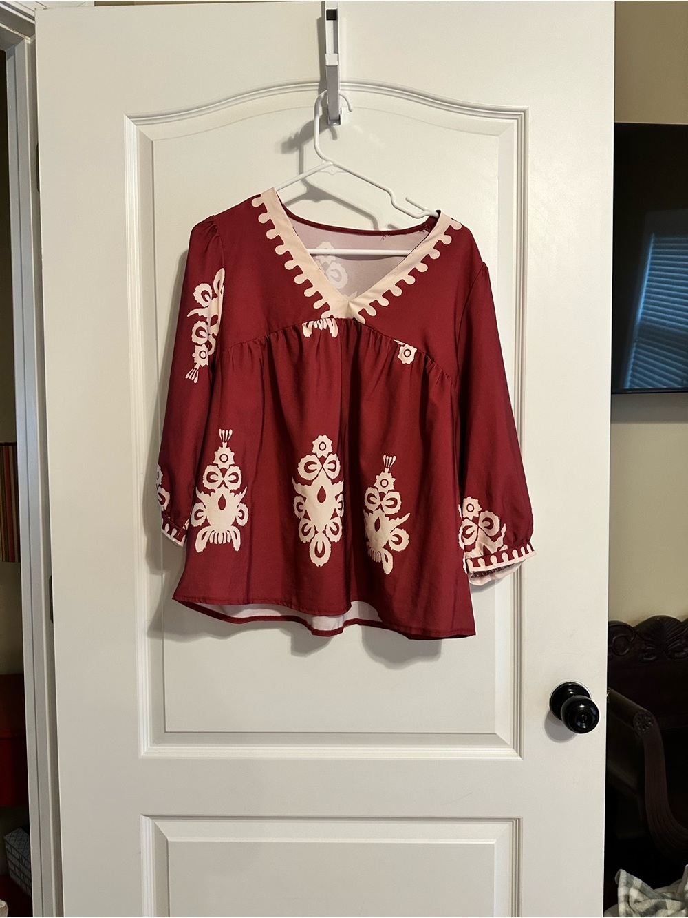 SHEIN Burgundy Blouse with Cream Embroidered Trim